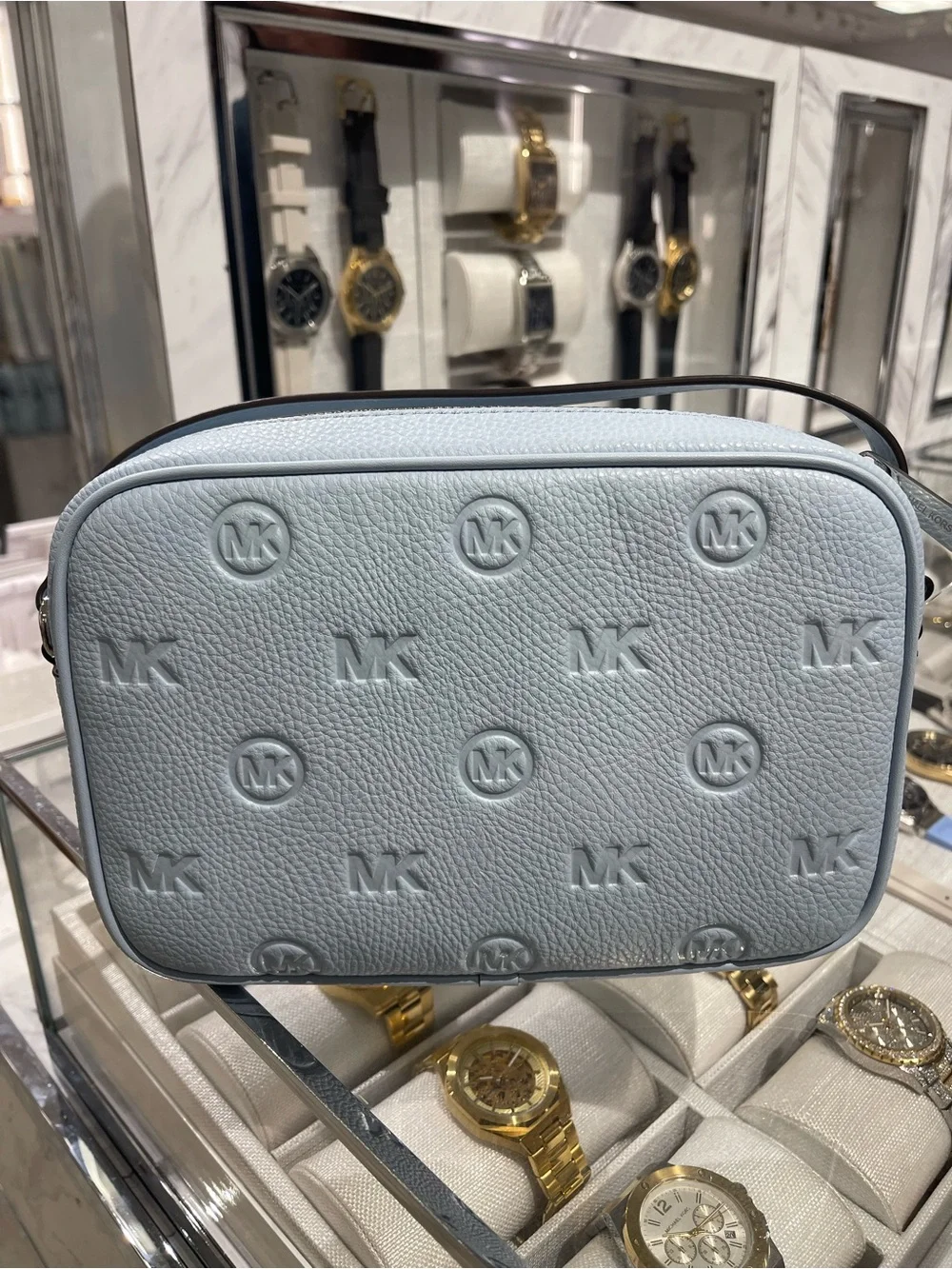 Michael Kors Jet Set Travel Lg Logo Debossed EW Camera Crossbody Pale Ocean NWT